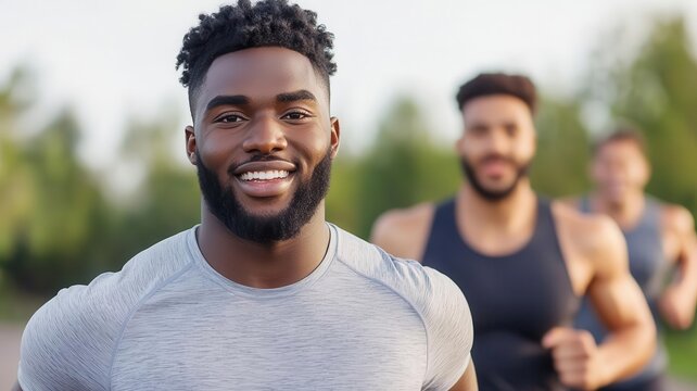 Group of people jogging in a park, smiling and enjoying the benefits of regular exercise   fitness routine, healthy lifestyle