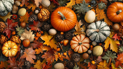 A vibrant arrangement of pumpkins, gourds, and autumn leaves captured in bright fall colors