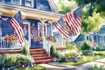 Traditional American house. United States of America flag. Suburb of a big city. Country landscape. Watercolor painting.