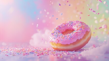 Colorful Donut with Sprinkles and Confetti Background