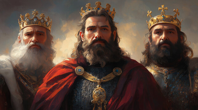 Three kings in royal attire with crowns and majestic expressions