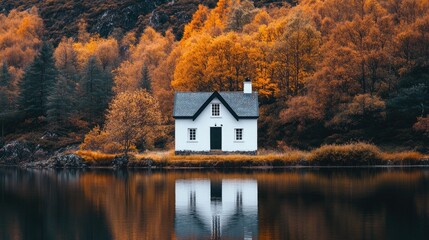 Fototapeta premium Serene Autumn Lake with White House Reflection