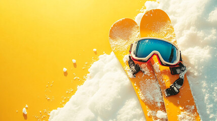 Yellow Ski Gear on Snow with Copy Space   Winter Sport  Snowboarding  Skiing  Goggles  Adv