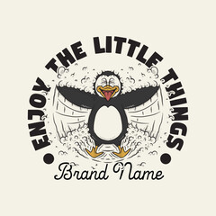 retro cartoon emblem of penguin playing with snow