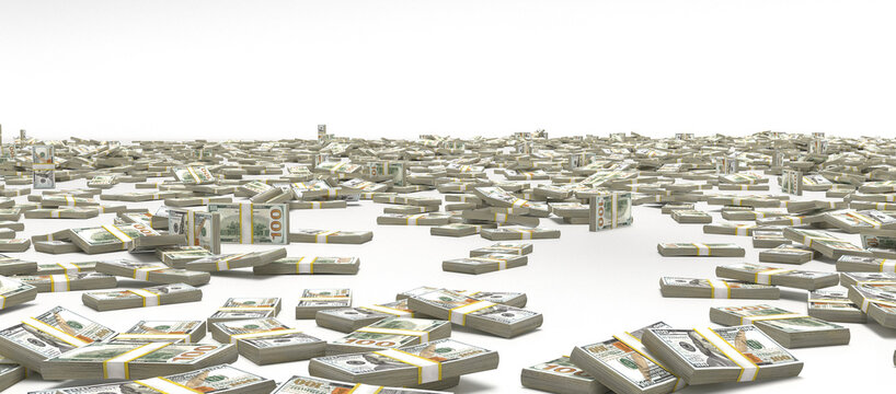 Pile us dollars bill bank note on the floar on white bacground 3d rendering