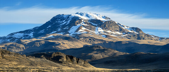 Majestic snow-capped mountain peak rising above a dry, rugged landscape with a blue sky above.