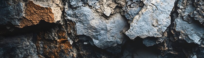 Close-Up of Rough and Cracked Rock Formation with Tones of Blue, Grey, and Brown