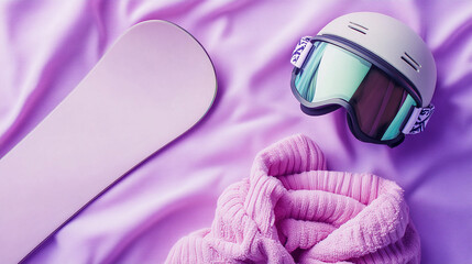 Pink Snowboard  Ski Goggles and Helmet on Purple Background