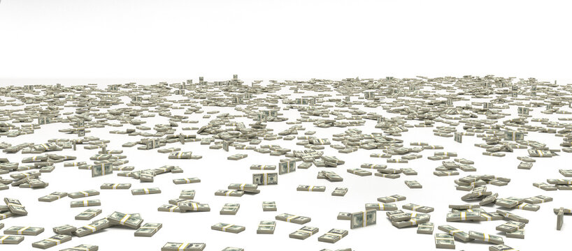 Pile us dollars bill bank note on the floar on white bacground 3d rendering