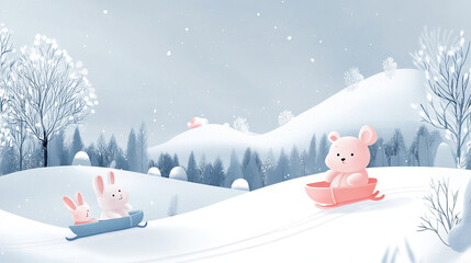 Cute Animals Sledding In Winter Wonderland