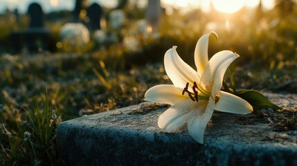 Peaceful Lily on a Grave at Sunset