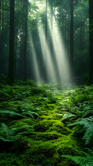 Obraz premium Sunbeams pierce through the dense canopy of a lush forest, illuminating the mossy forest floor.