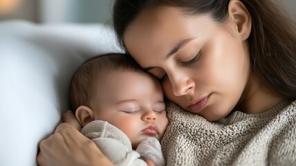 Mother trying to cope with postpartum insomnia, sitting awake at night while her baby sleeps   postpartum insomnia, sleep struggles
