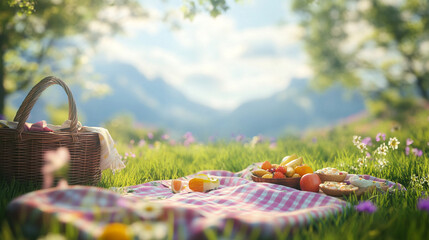 Summer Picnic in a Mountain Meadow with Blanket  Basket and Food