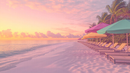 Tropical Beach Sunset with Colorful Umbrellas and Loungers