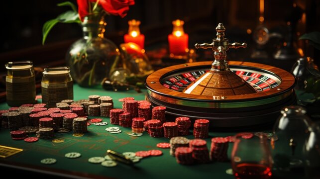 Elegant and Luxurious Casino Roulette Wheel Surrounded by Betting Chips and Flowers on Green Table - Powered by Adobe