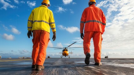 Oil platform workers navigating a helideck as a helicopter prepares to land with new crew members   helideck, offshore platform, crew change