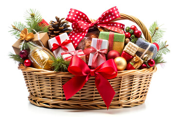 Christmas gift basket filled with assorted presents isolated over white background.