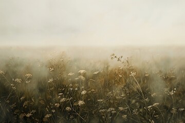 Vintage digital oil painting neutral landscape flowers for wall decor, art print, fine art, wallpaper, beautiful background design. Generative AI.