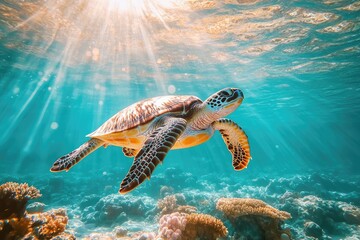 Obraz premium Sea turtle swims through clear blue water. The photo showcases the beauty and fragility of marine life.