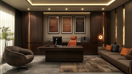 Stylish CEO Office Interior Showcasing Dark Wood and Modern Design Elements. Generative AI