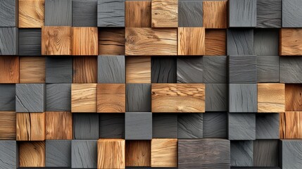 Fototapeta premium Exploring a vibrant 3D abstract pattern of interlocking wooden and gray blocks set against a dynamic background, capturing the essence of chaos and creativity