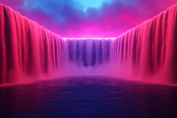 Vivid neon waterfalls cascading into tranquil waters under colorful sky.