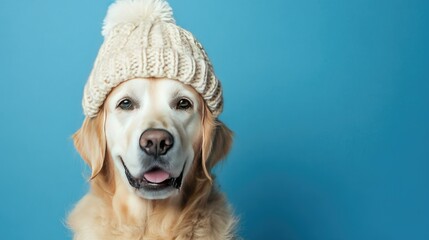 Cheerful Dog in Winter Hat Against Blue Background