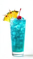 Vibrant Blue Hawaiian Cocktail with Pineapple and Cherry Garnish in Tall Glass on White Background