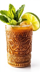 Classic Mai Tai Cocktail in Tiki Glass with Mint and Lime Garnish on White Background