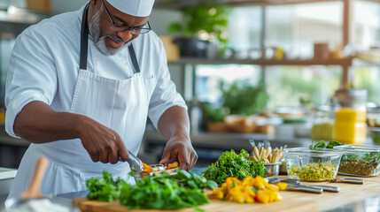 Happy senior diverse couple in kitchen wearing aprons, cooking together