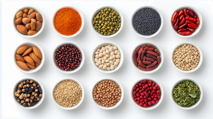 Health food & herbs used in natural & Chinese herbal medicine to treat irritable bowel syndrome. High in antioxidants, protein, dietary fiber, vitamins, minerals, smart carbs & anthocyanins. Flat lay 