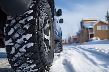 Close-up of a tire on a snowy road. Perfect for articles about winter driving safety.