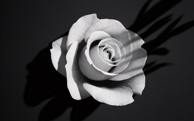 Valentine A single white rose with dramatic shadows in a black and white photo.