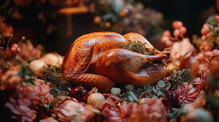 Roasted Turkey on Festive Table Setting with Flowers and Herbs