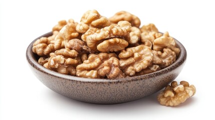 Fresh Walnuts in Rustic Bowl on White Background