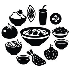 Collection of Vegetarian Dish Line Art on White Background for Healthy Food Projects