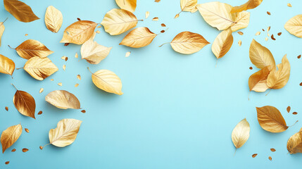 Golden Autumn Leaves Blue Background   Fall Floral Design