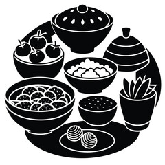 Collection of Vegetarian Dish Line Art on White Background for Healthy Food Projects