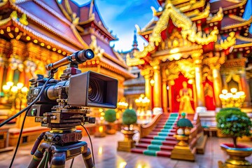 Obraz premium Bokeh Focus on Live Broadcasting Equipment in Thai Temples for Internet Streaming
