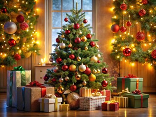 Bokeh lights twinkle around wrapped gifts, creating a cozy atmosphere. Celebrate the season with festive joy, colorful wrapping, and heartwarming holiday traditions. Merry Christmas to all!