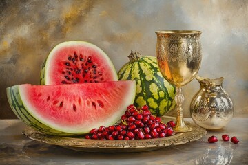 Festive Yalda Night: Celebrating with pomegranates and watermelon, embracing the vibrant traditions of this ancient festival with colorful fruits and joyful gatherings.