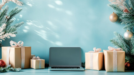 Christmas Gifts Laptop Computer Holiday Decor Blue Background