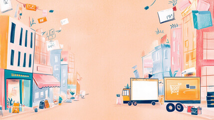 Online Shopping Delivery Truck in City Street Illustration