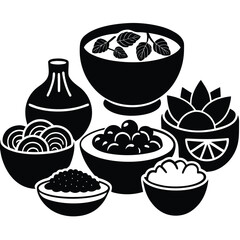 Collection of Vegetarian Dish Line Art on White Background for Healthy Food Projects