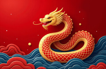 Chinese new year 2025 concept on red background dragon serpent year symbol. Copy space
