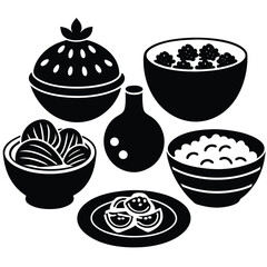 Collection of Vegetarian Dish Line Art on White Background for Healthy Food Projects