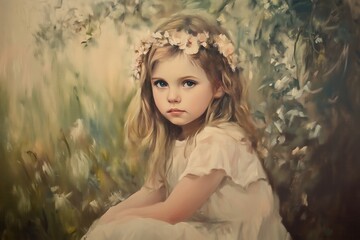 Vintage digital oil painting of a beautiful girl in meadow. Wall decor, art print, fine art, wallpaper, beautiful background design. Generative AI.