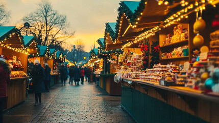 Christmas Market Stalls with Festive Decorations and Lights