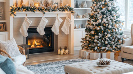 Cozy Christmas Living Room with Fireplace  Decorated Tree  and Stocking